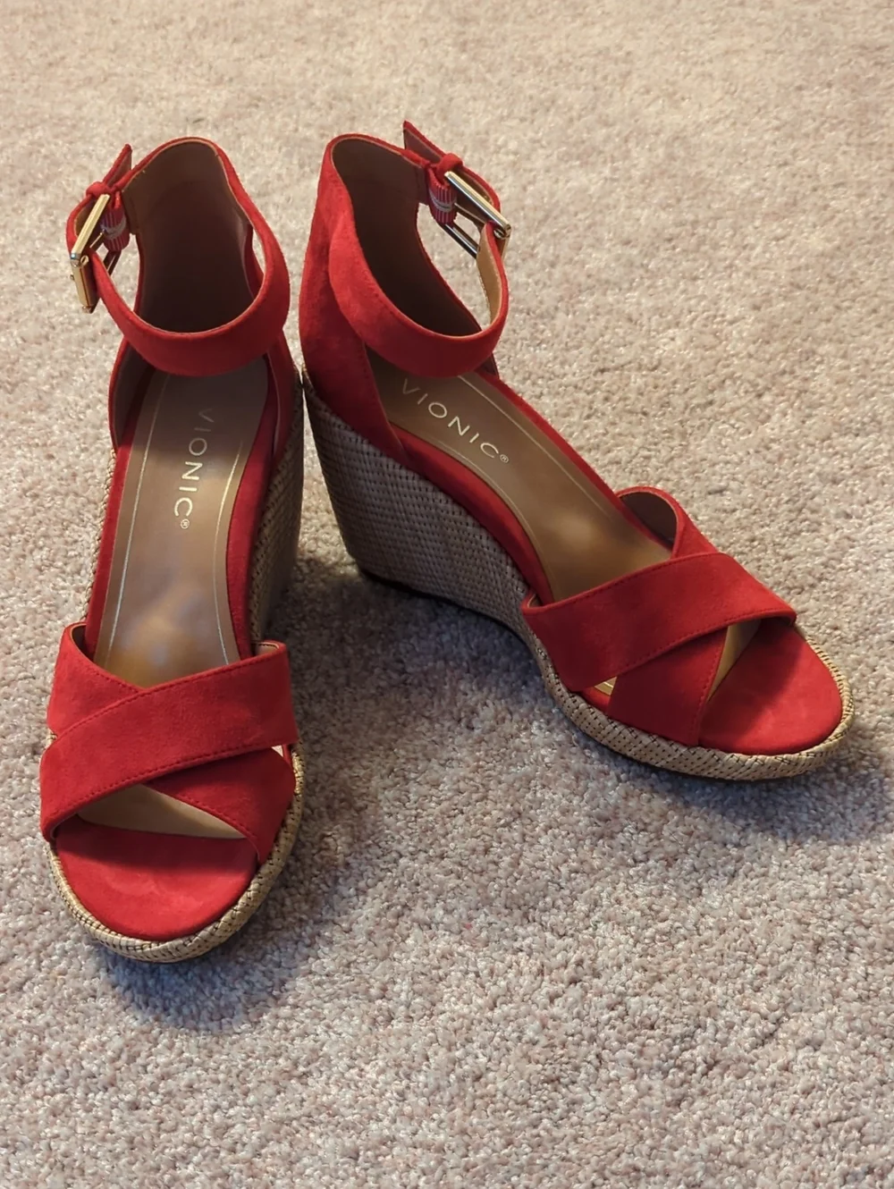 Vionic Red Suede Espadrille Wedge Sandals with Ankle Buckle
